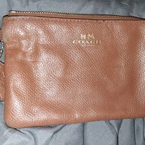 Coach Saffiano Brown/Tan Leather Wristlet with Tag